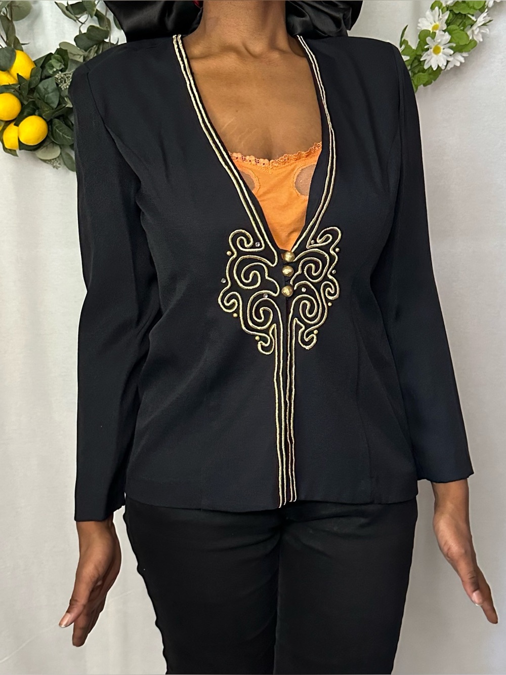 R&M Richards by Karen Kwong vintage 80s/90s black jacket with gold trim